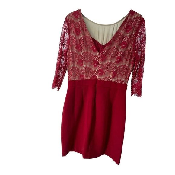 Red Lace Illusion Dress Womens Size Large 3/4 Sleeve Shift Holiday Cocktail Wear - Picture 3 of 7